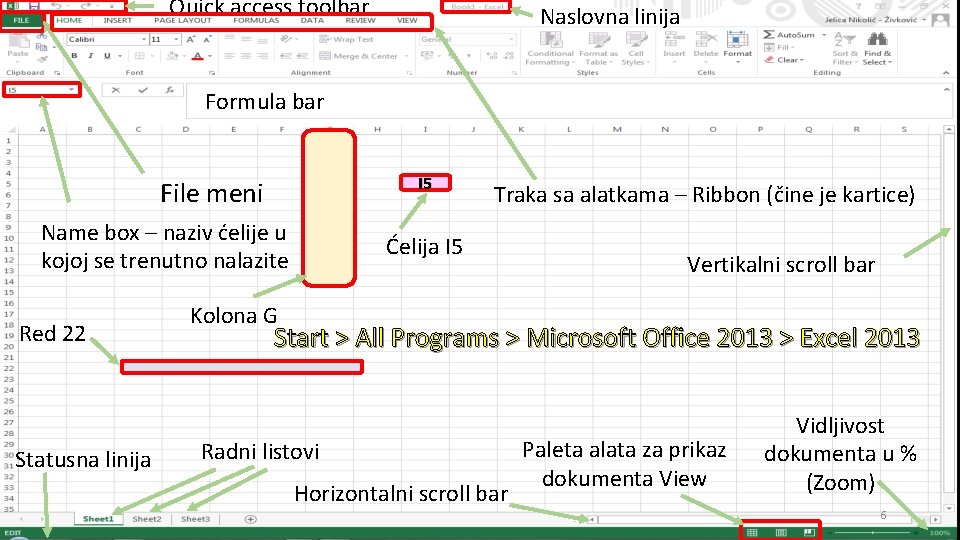 Quick access toolbar Naslovna linija Formula bar I 5 File meni Name box –