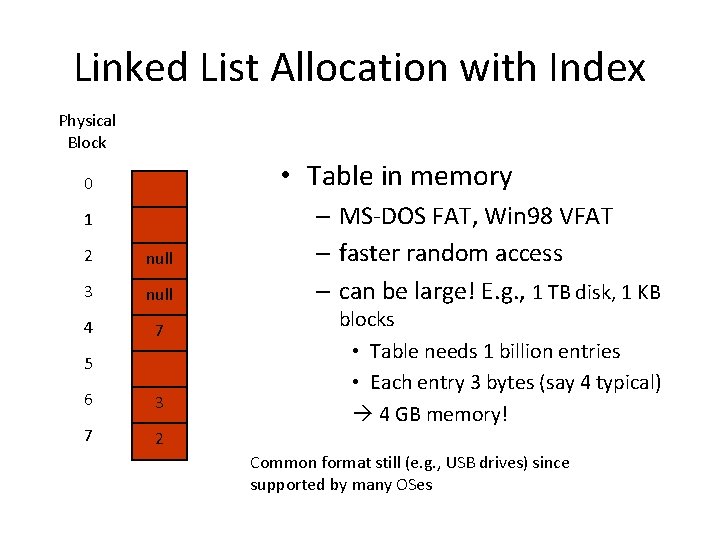 Linked List Allocation with Index Physical Block • Table in memory 0 1 2