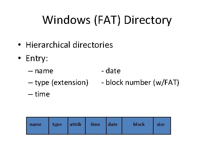Windows (FAT) Directory • Hierarchical directories • Entry: – name – type (extension) –