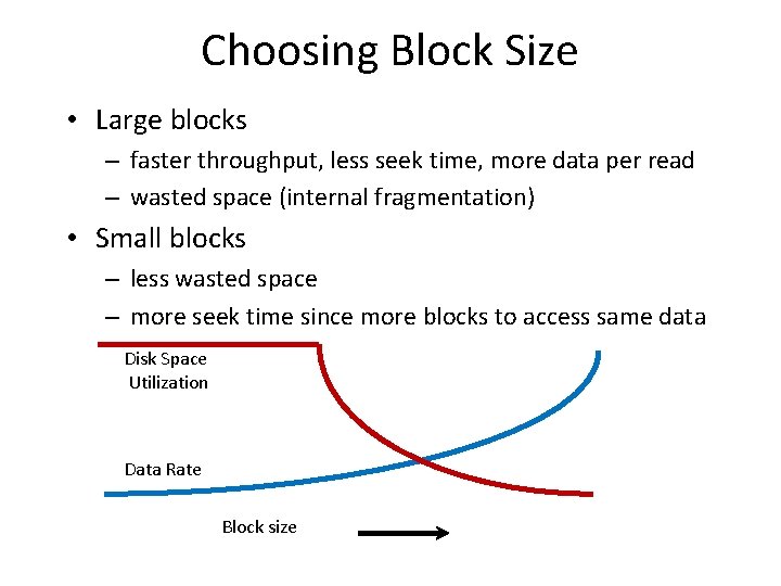 Choosing Block Size • Large blocks – faster throughput, less seek time, more data