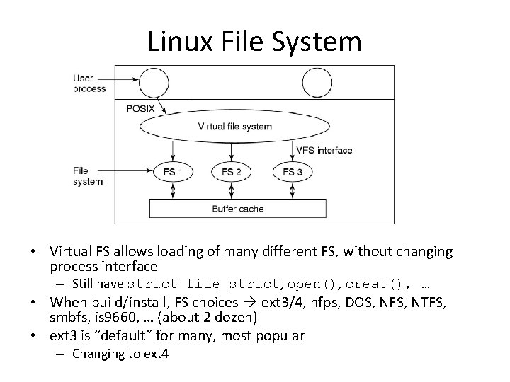 Linux File System • Virtual FS allows loading of many different FS, without changing