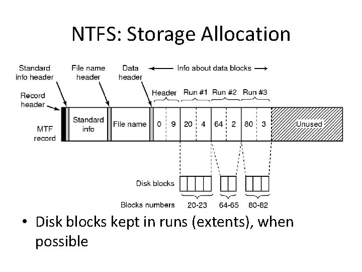 NTFS: Storage Allocation • Disk blocks kept in runs (extents), when possible 