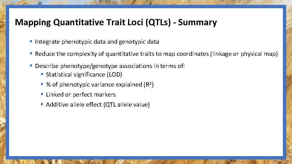 Mapping Quantitative Trait Loci (QTLs) - Summary § Integrate phenotypic data and genotypic data