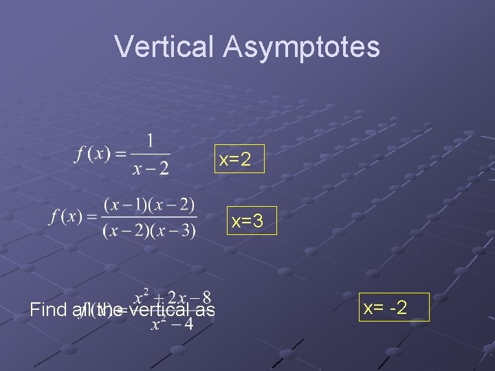 Vertical Asymptotes x=2 x=3 Find all the vertical asymptotes: x= -2 