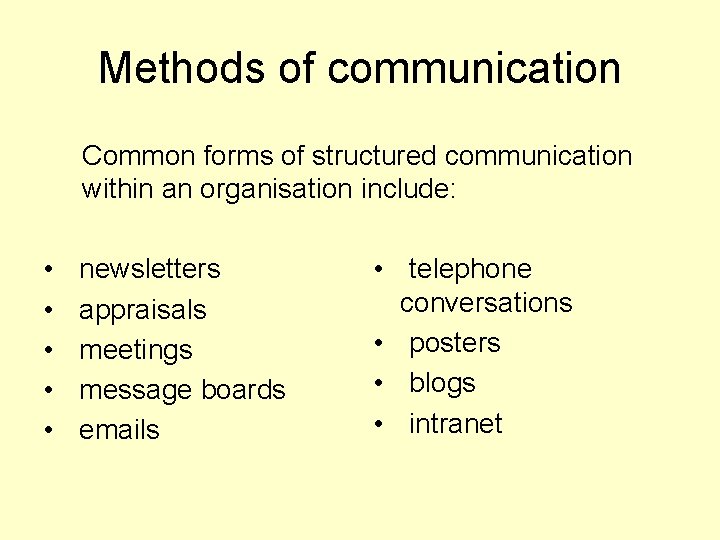 Methods of communication Common forms of structured communication within an organisation include: • •