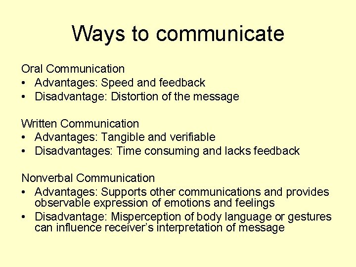 Ways to communicate Oral Communication • Advantages: Speed and feedback • Disadvantage: Distortion of