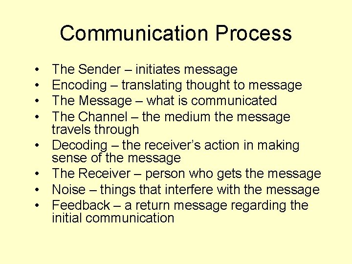 Communication Process • • The Sender – initiates message Encoding – translating thought to