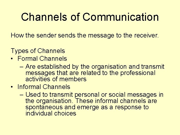 Channels of Communication How the sender sends the message to the receiver. Types of