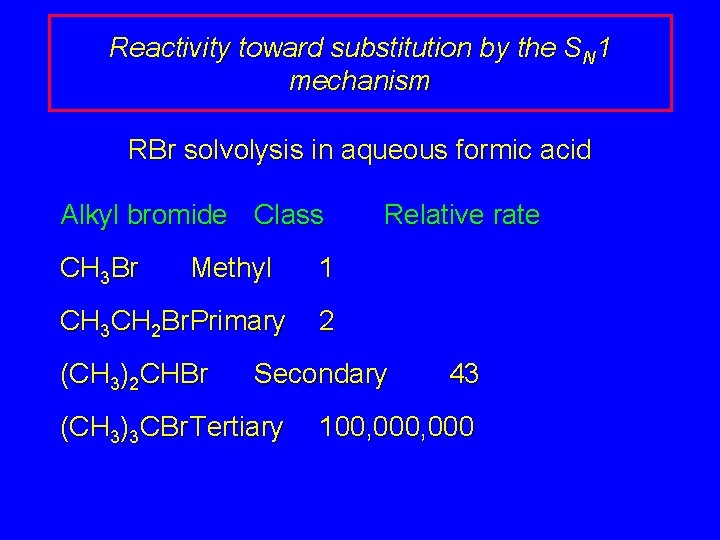 Reactivity toward substitution by the SN 1 mechanism RBr solvolysis in aqueous formic acid