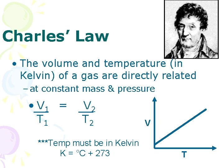 Charles’ Law • The volume and temperature (in Kelvin) of a gas are directly Charles’ Law • The volume and temperature (in Kelvin) of a gas are directly