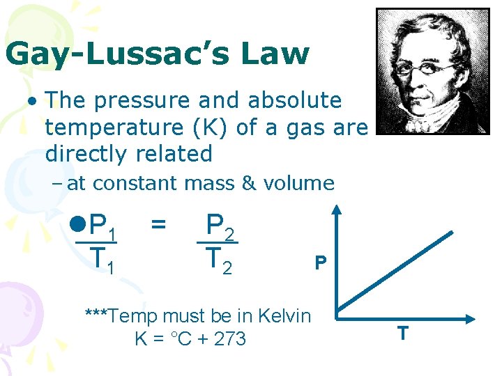 Gay-Lussac’s Law • The pressure and absolute temperature (K) of a gas are directly Gay-Lussac’s Law • The pressure and absolute temperature (K) of a gas are directly