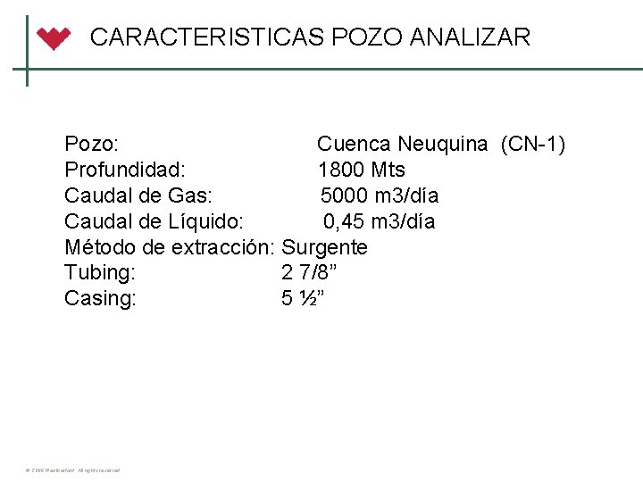 CARACTERISTICAS POZO ANALIZAR Pozo: Cuenca Neuquina (CN-1) Profundidad: 1800 Mts Caudal de Gas: 5000