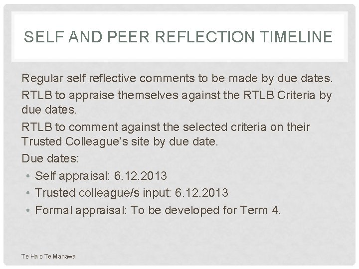 SELF AND PEER REFLECTION TIMELINE Regular self reflective comments to be made by due