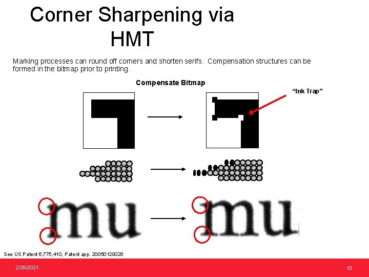 Corner Sharpening via HMT Marking processes can round off corners and shorten serifs. Compensation