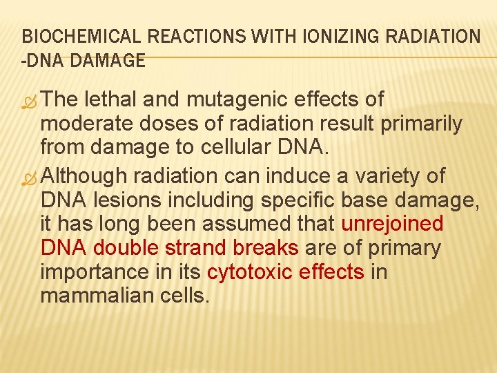 BIOCHEMICAL REACTIONS WITH IONIZING RADIATION -DNA DAMAGE The lethal and mutagenic effects of moderate