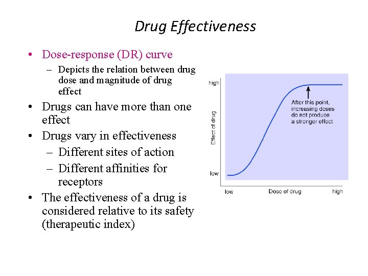 Drug Effectiveness • Dose-response (DR) curve – Depicts the relation between drug dose and Drug Effectiveness • Dose-response (DR) curve – Depicts the relation between drug dose and