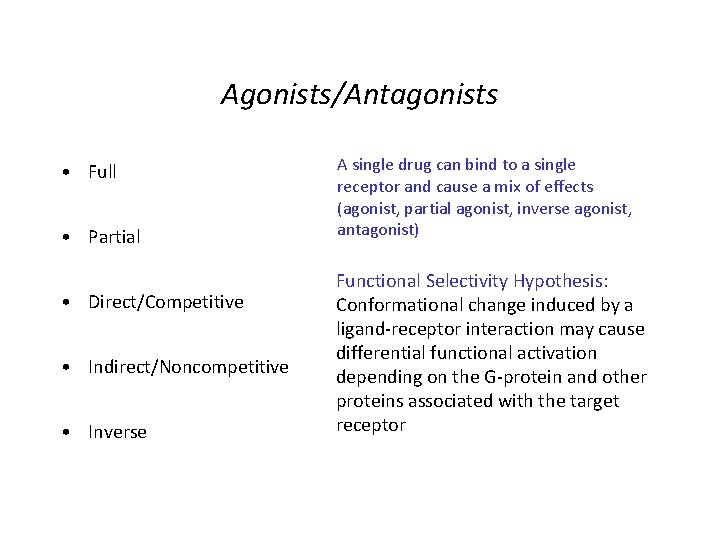Agonists/Antagonists • Full • Partial • Direct/Competitive • Indirect/Noncompetitive • Inverse A single drug Agonists/Antagonists • Full • Partial • Direct/Competitive • Indirect/Noncompetitive • Inverse A single drug