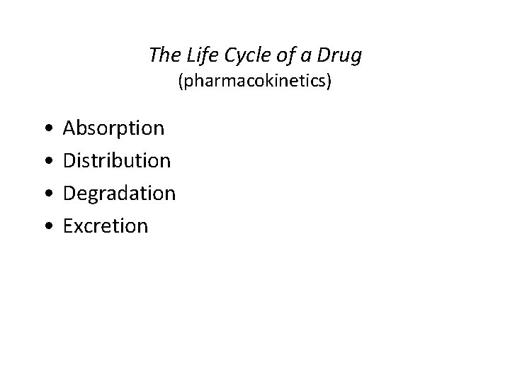 The Life Cycle of a Drug (pharmacokinetics) • • Absorption Distribution Degradation Excretion The Life Cycle of a Drug (pharmacokinetics) • • Absorption Distribution Degradation Excretion
