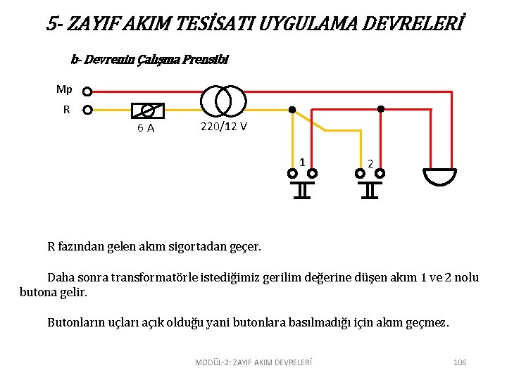 5 - ZAYIF AKIM TESİSATI UYGULAMA DEVRELERİ b- Devrenin Çalışma Prensibi Mp R 6