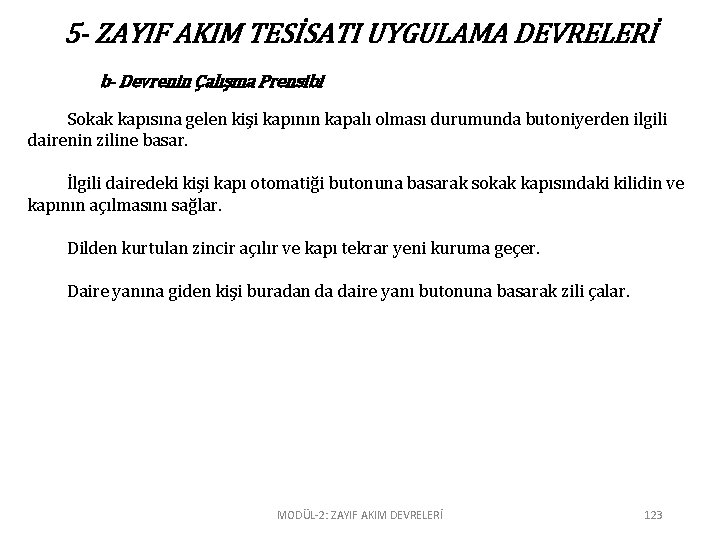 5 - ZAYIF AKIM TESİSATI UYGULAMA DEVRELERİ b- Devrenin Çalışma Prensibi Sokak kapısına gelen