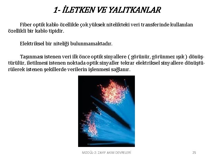 1 - İLETKEN VE YALITKANLAR Fiber optik kablo özellikle çok yüksek nitelikteki veri transferinde