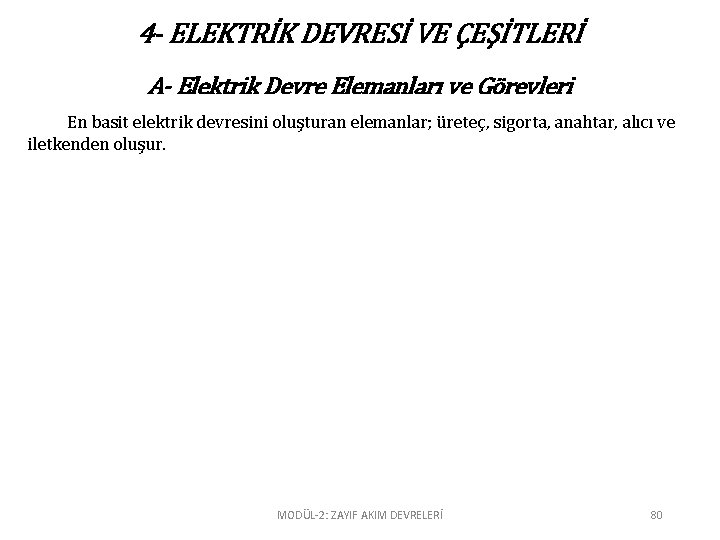 4 - ELEKTRİK DEVRESİ VE ÇEŞİTLERİ A- Elektrik Devre Elemanları ve Görevleri En basit