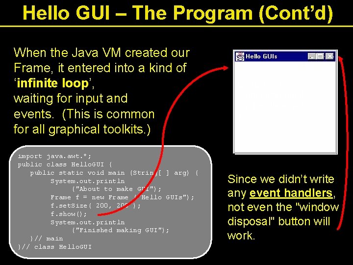 Hello GUI – The Program (Cont’d) When the Java VM created our Frame, it