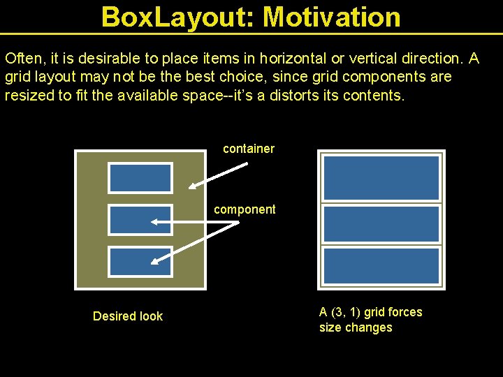 Box. Layout: Motivation Often, it is desirable to place items in horizontal or vertical
