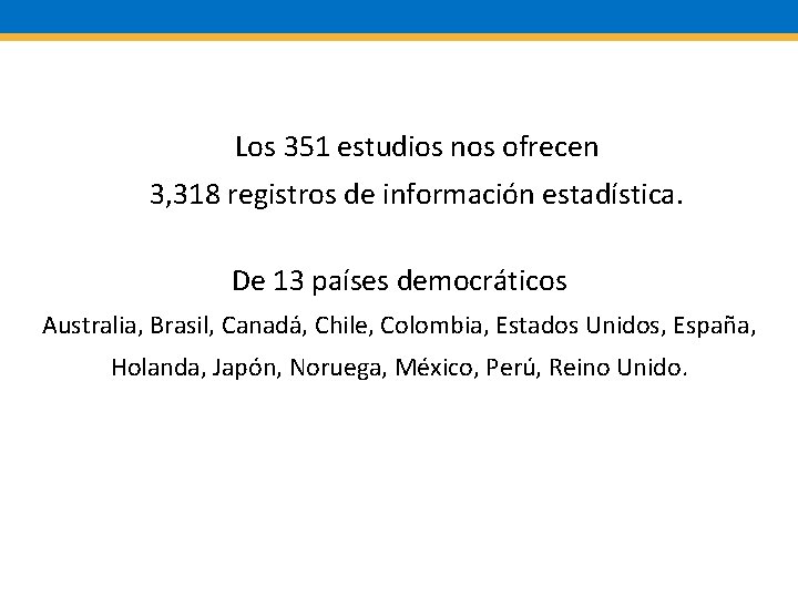 Los 351 estudios nos ofrecen 3, 318 registros de información estadística. De 13 países