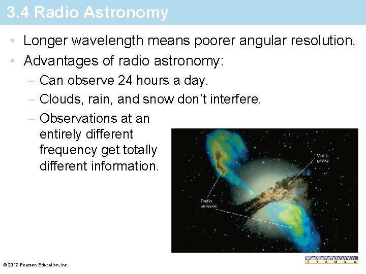 3. 4 Radio Astronomy • Longer wavelength means poorer angular resolution. • Advantages of