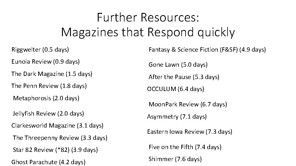 Further Resources: Magazines that Respond quickly Riggwelter (0. 5 days) Fantasy & Science Fiction