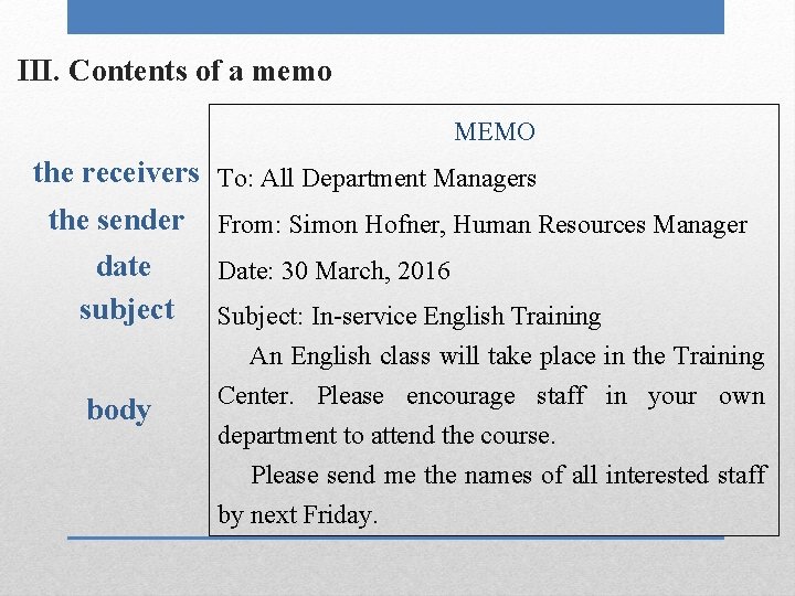III. Contents of a memo MEMO the receivers To: All Department Managers the sender
