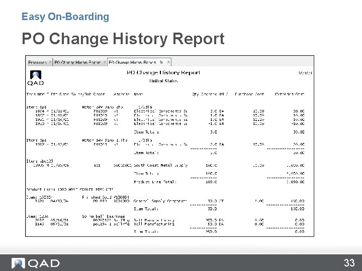 Easy On-Boarding PO Change History Report 33 