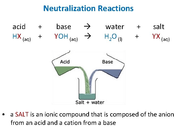Neutralization Reactions acid + HX (aq) + base YOH (aq) water H 2 O