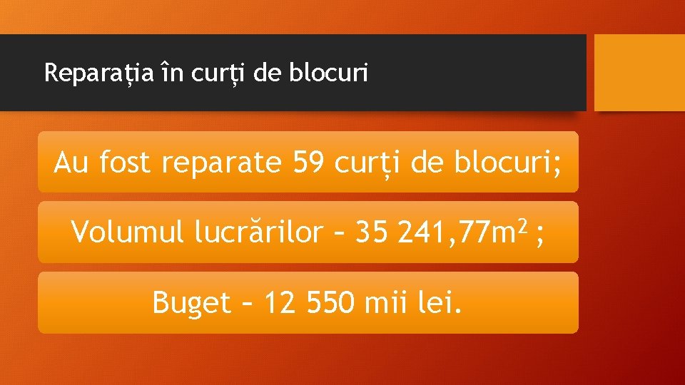 Reparația în curți de blocuri Au fost reparate 59 curți de blocuri; Volumul lucrărilor Reparația în curți de blocuri Au fost reparate 59 curți de blocuri; Volumul lucrărilor