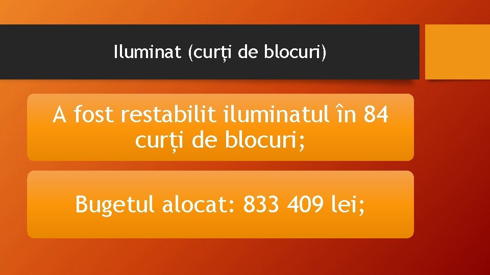 Iluminat (curți de blocuri) A fost restabilit iluminatul în 84 curți de blocuri; Bugetul Iluminat (curți de blocuri) A fost restabilit iluminatul în 84 curți de blocuri; Bugetul