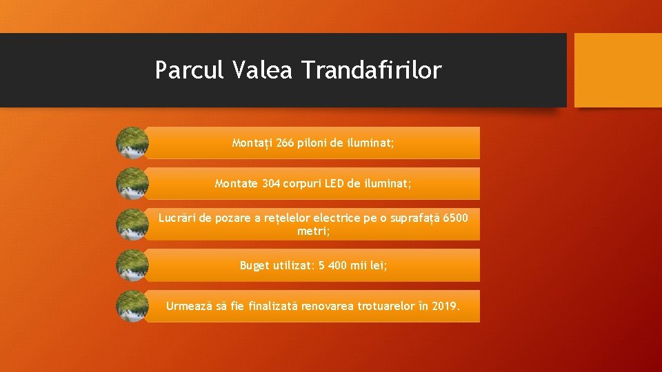 Parcul Valea Trandafirilor Montați 266 piloni de iluminat; Montate 304 corpuri LED de iluminat; Parcul Valea Trandafirilor Montați 266 piloni de iluminat; Montate 304 corpuri LED de iluminat;