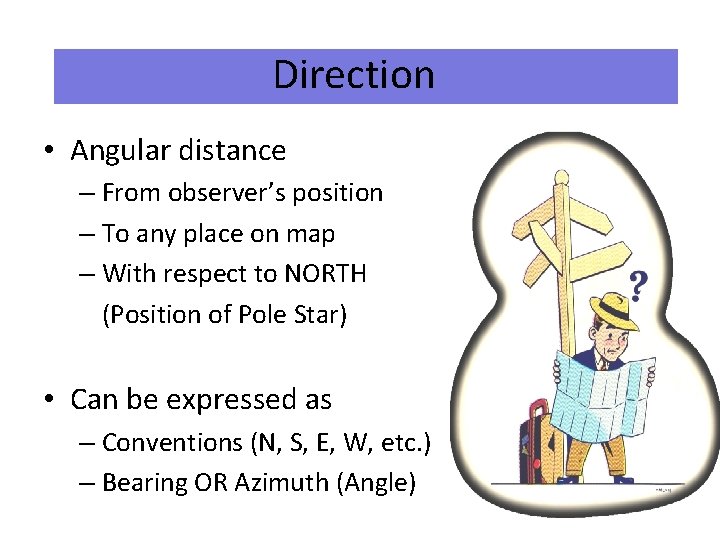 Direction • Angular distance – From observer’s position – To any place on map