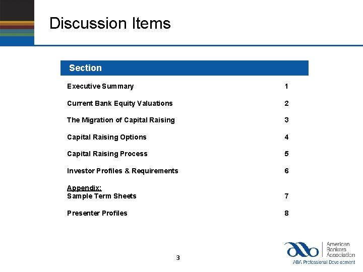 Discussion Items Section Executive Summary 1 Current Bank Equity Valuations 2 The Migration of