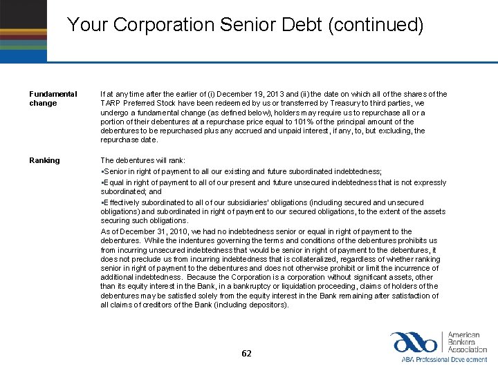 Your Corporation Senior Debt (continued) Fundamental change If at any time after the earlier