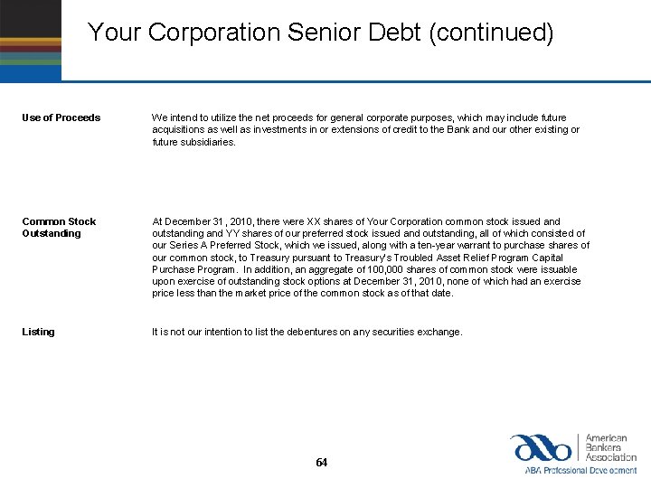 Your Corporation Senior Debt (continued) Use of Proceeds We intend to utilize the net