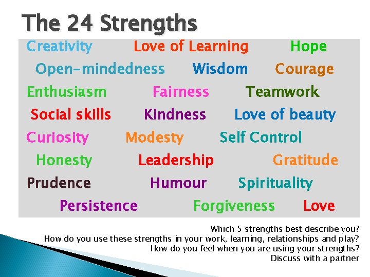 The 24 Strengths Creativity Love of Learning Open-mindedness Enthusiasm Fairness Social skills Curiosity Wisdom