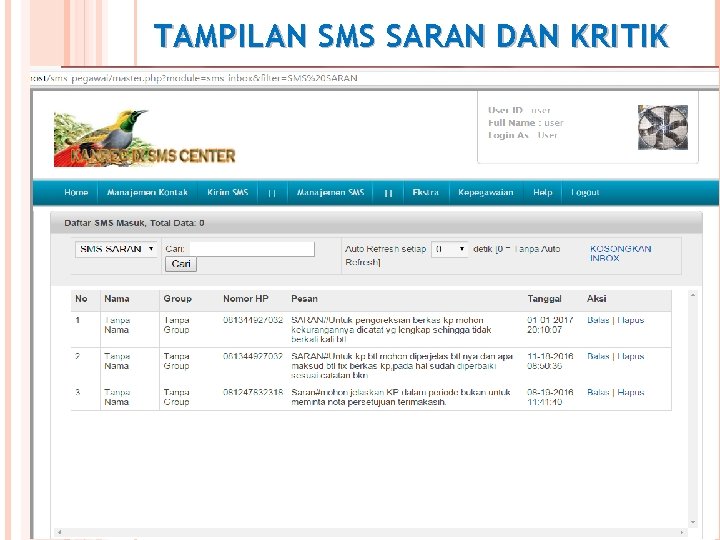 TAMPILAN SMS SARAN DAN KRITIK 