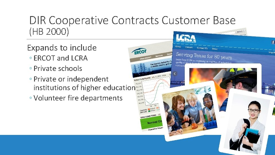 DIR Cooperative Contracts Customer Base (HB 2000) Expands to include ◦ ERCOT and LCRA