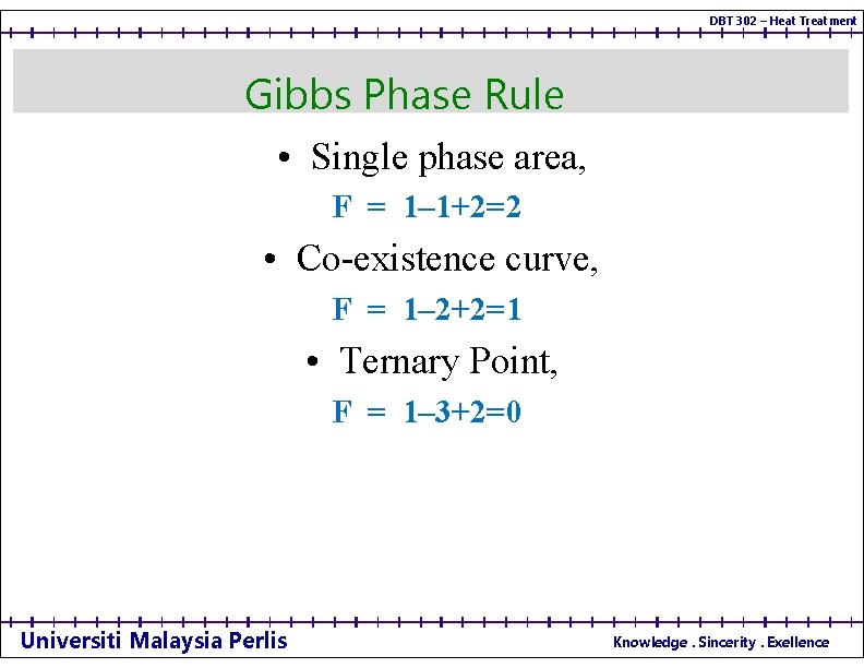 DBT 302 – Heat Treatment Gibbs Phase Rule • Single phase area, F =