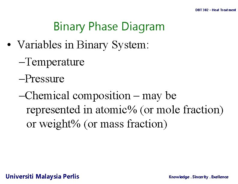 DBT 302 – Heat Treatment Binary Phase Diagram • Variables in Binary System: –Temperature