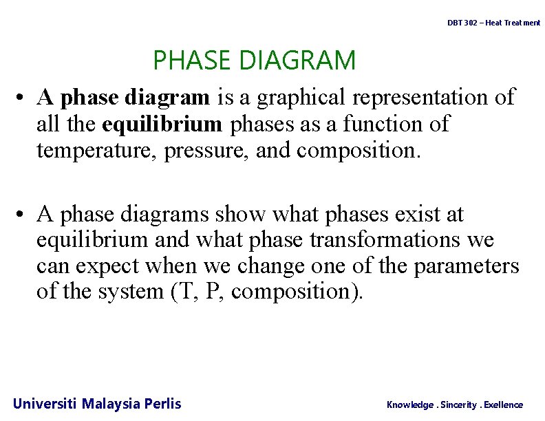 DBT 302 – Heat Treatment PHASE DIAGRAM • A phase diagram is a graphical
