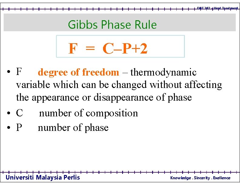 DBT 302 – Heat Treatment Gibbs Phase Rule F = C–P+2 • F degree