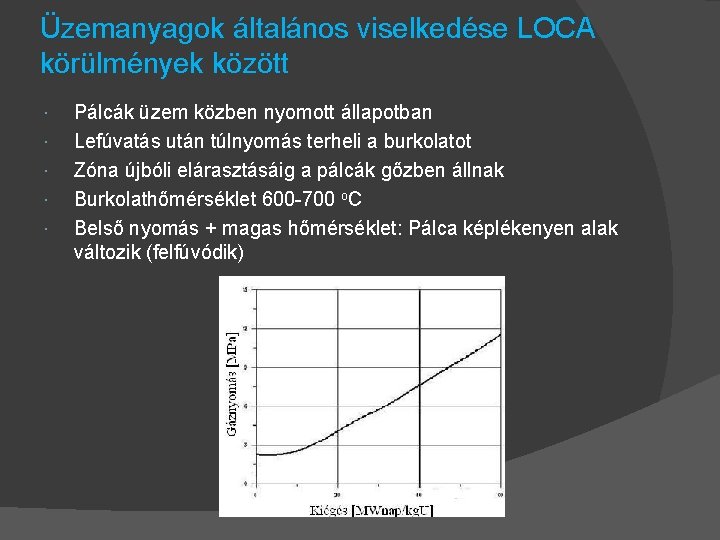 Üzemanyagok általános viselkedése LOCA körülmények között Pálcák üzem közben nyomott állapotban Lefúvatás után túlnyomás