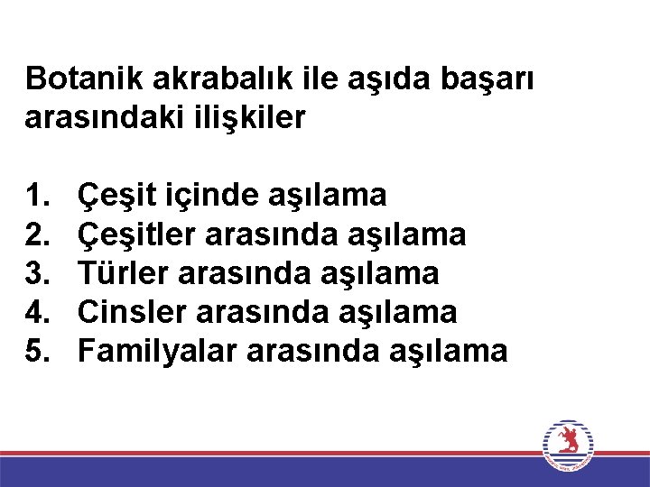 Botanik akrabalık ile aşıda başarı arasındaki ilişkiler 1. 2. 3. 4. 5. Çeşit içinde